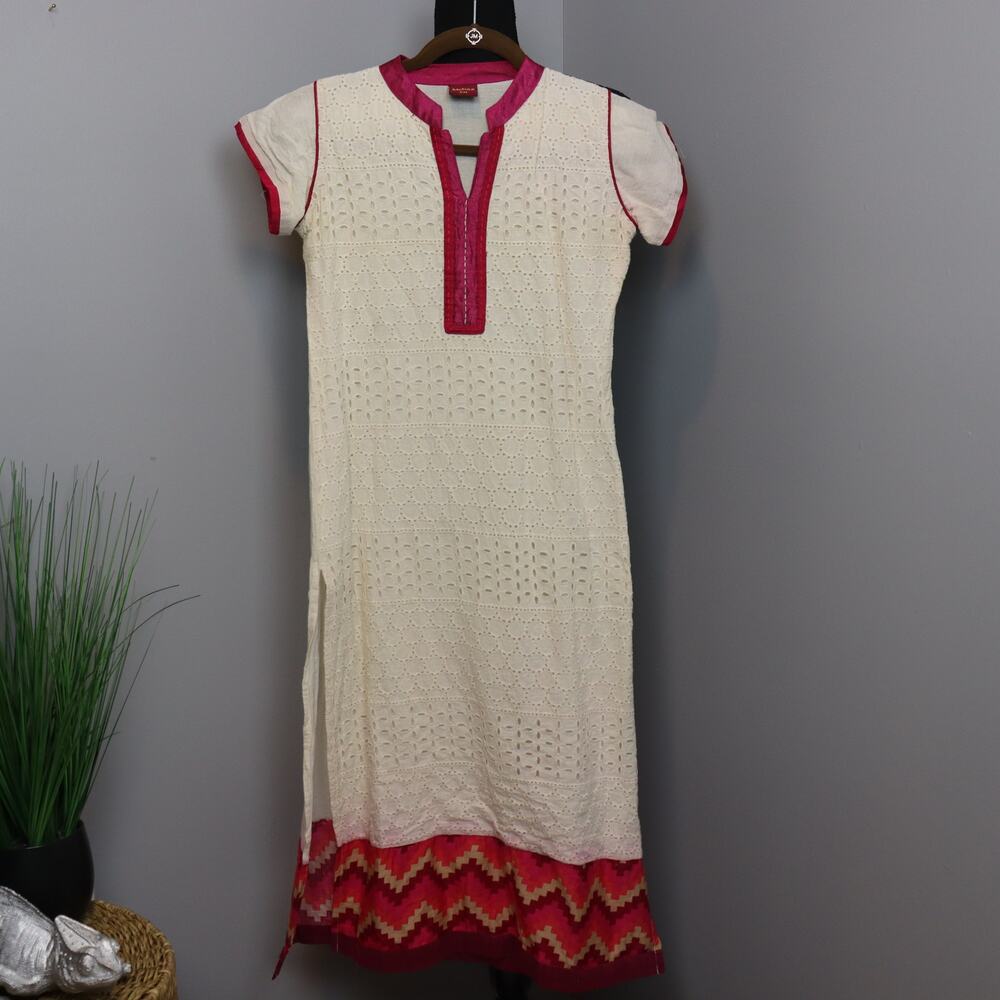 Authentic Mebaz Kurta Dress Cream‎ Red Embroidered Size S Traditional